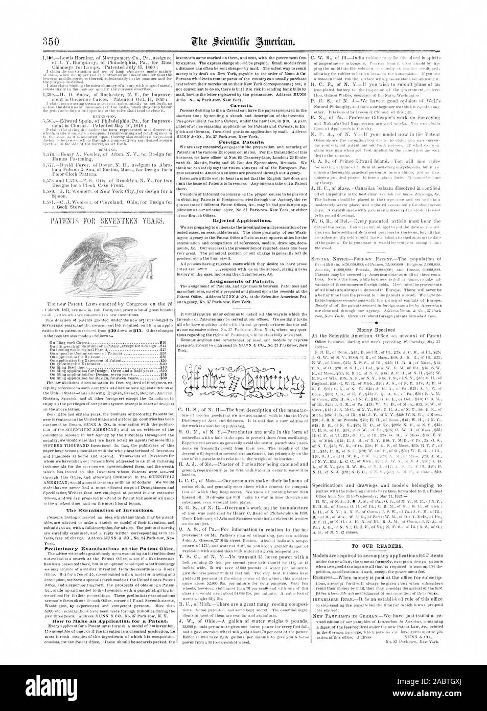 Ausländische Patente. Abgelehnte Anträge. Zuweisungen von Patenten., Scientific American, 1862-05-31 Stockfoto