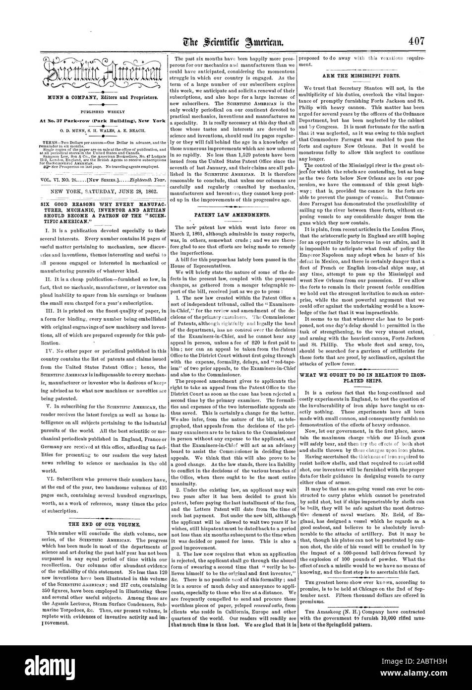 NEW YORK Samstag, 28. Juni 1862. Sechs GUTE GRÜNDE, WARUM JEDER HERSTELLER MECHANIKER ERFINDER UND ARTIZAN EIN PATRON, DER "CIEN WISSENSCHAFTLICHE AMERIKANISCHE SOLLTE." I. Es ist eine Publikation vor allem für ihre verschiedenen Interessen gewidmet. Jede Zahl enthält 16 Seiten nützliche Angelegenheit in Bezug auf die Mechanik Neue discov Erie und Erfindungen Themen interessant und nützlich für alle Personen beschäftigt oder in Maschinenbau oder Herstellung von Verfolgungen, welcher Art auch immer interessiert. Ii. Es ist ein billiges Veröffentlichung - so niedrig, dass keine mechanischen Hersteller oder Erfinder Unfähigkeit plädieren kann aus seinem Einkommen zu ersparen eingerichtet Stockfoto
