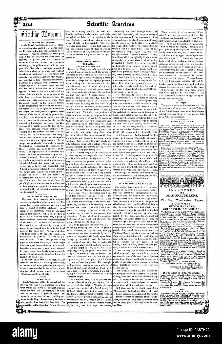 Dr. Faraday auf Schornsteinen. Die Wissenschaft der zu Bett gehen. Hydraulik. Unser Papier. Literarische Hinweise. Erfinder das Beste mechanische Papier DER WELT! Sechste BAND DER Scientific American. Es wird wöchentlich wie bisher in Quar MUNN & Co. auf eine Kopie für die gleiche Zeit veröffentlicht; oder wir PREMIUM. Re Steam Navigation' - in Buchform veröffentlicht-hav ing erschien zuerst in einer Reihe von Artikeln veröffentlicht ist der fünfte Band der Soientifio Amerikanischen. Abb. eines der umfassendsten Werke, die auf den Themen je issuedand enthält über 90 Stiche Preis 75 Cent. Wissenschaftliche linterican. Das Salz Stockfoto