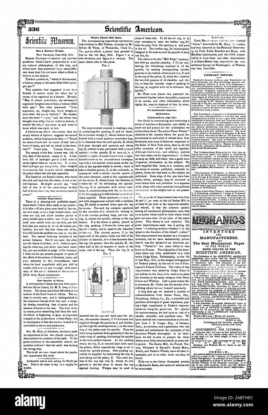 Wade's Patent Mühle Bush. Astronomie ist ein Ballon Gewicht. Ich literarische Hinweise. NEWTON'S LONDON JOURNAL und Repertoire von Bor. Erfinder das Beste mechanische Papier sechste Band der Scientific American. 128 Fulton Street New York. Abonnement neue Arten von Schafen. In prioe 75 Münzprägeanstalten. 'Map' II., 1851-07-05 Stockfoto