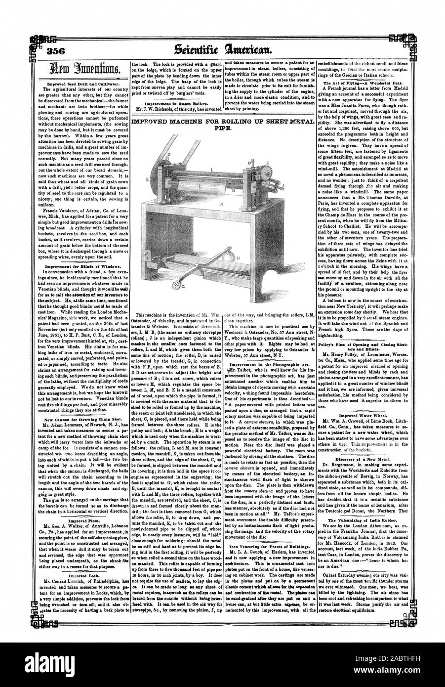 Herr Wm. A. Crowell von Lime Rock Litch Heilung ein Patent für ein neues Wasserrad, die andere im Einsatz. Diese Verbesserung ist in der Konstruktion der Eimer. Entdeckung einer neuen Metall. und den Namen der donarium nach dem germanischen Gott Donar der Nördlichen Thor für Herrn Hancock von London im Jahr 1843. Unsere vom Blitz getötet. Die Luft seit eleottical Gleichgewicht wiederherzustellen. Verbesserte MASCHINE FÜR WALZEN BIS BLECH ANBRINGEN. 1851 Scientific American Inc., 1851-07-26 Stockfoto
