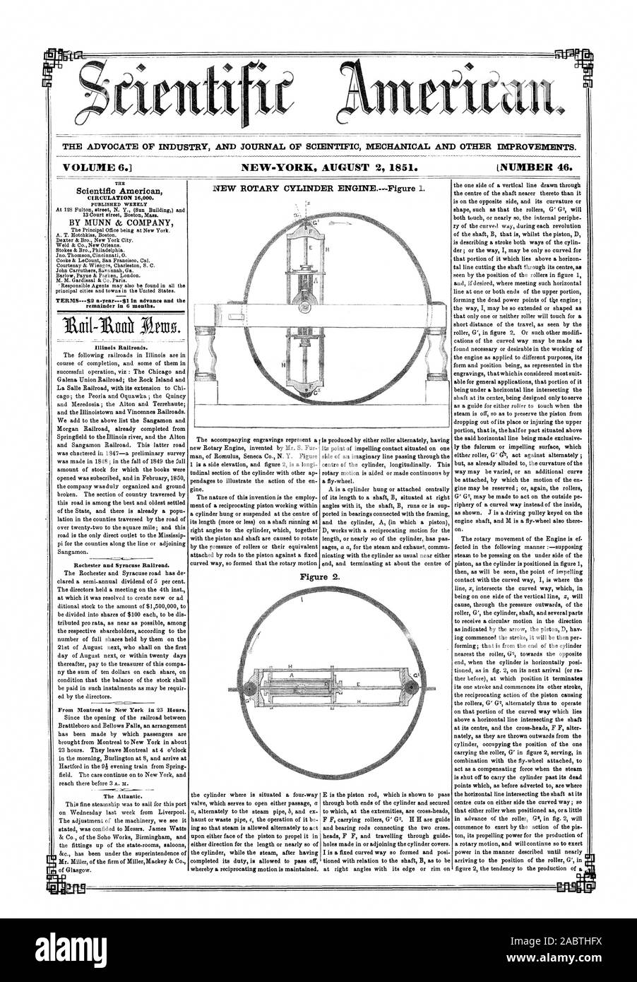 Der ANWALT DER INDUSTRIE UND JOURNAL FÜR MECHANISCHE UND ANDERE VERBESSERUNGEN. Band 6.1 NEW-YORK 2. AUGUST 1851. [Nummer 46. Die neue ROTARY CYLINDER ENGINE. Abbildung 1. Scientific American AUFLAGE 16000. Veröffentlicht wöchentlich auf 128 Fulton Street N.Y. (Sonne) und 13 Court Street Boston Mass durch MUNN & COMPANY Der Sitz in New York. A.t. Hotchkiss Boston. Dexter & Bro. New York City. Weld & Co. in New Orleans. Stokes & Bro. Philadelphia. Jno. Thomson Cincinnati 0. Cooke & LeCount San francisc Cal. Courtenay & Wienges Charleston S.C. John Carruthers Savannah G a Stockfoto