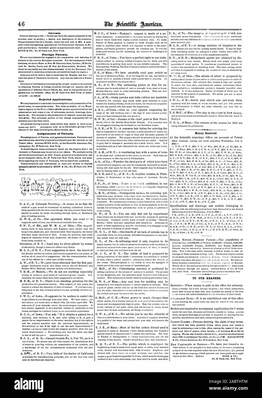 Ausländische Patente. Abgelehnte Anträge. Zuweisungen von Patenten. Zu unseren Lesern., Scientific American, 1862-07-19 Stockfoto