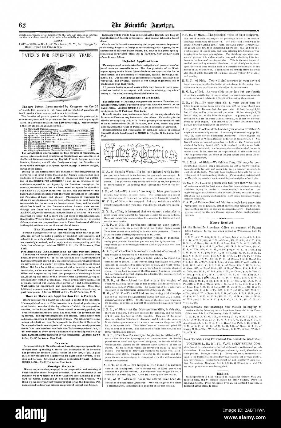 Abgelehnte Anträge. Zuweisungen von Patenten. Die Prüfung von Erfindungen. Einleitende Prüfungen des Patentamts. Vorbehalte. Ausländische Patente., Scientific American, 1862-07-26 Stockfoto