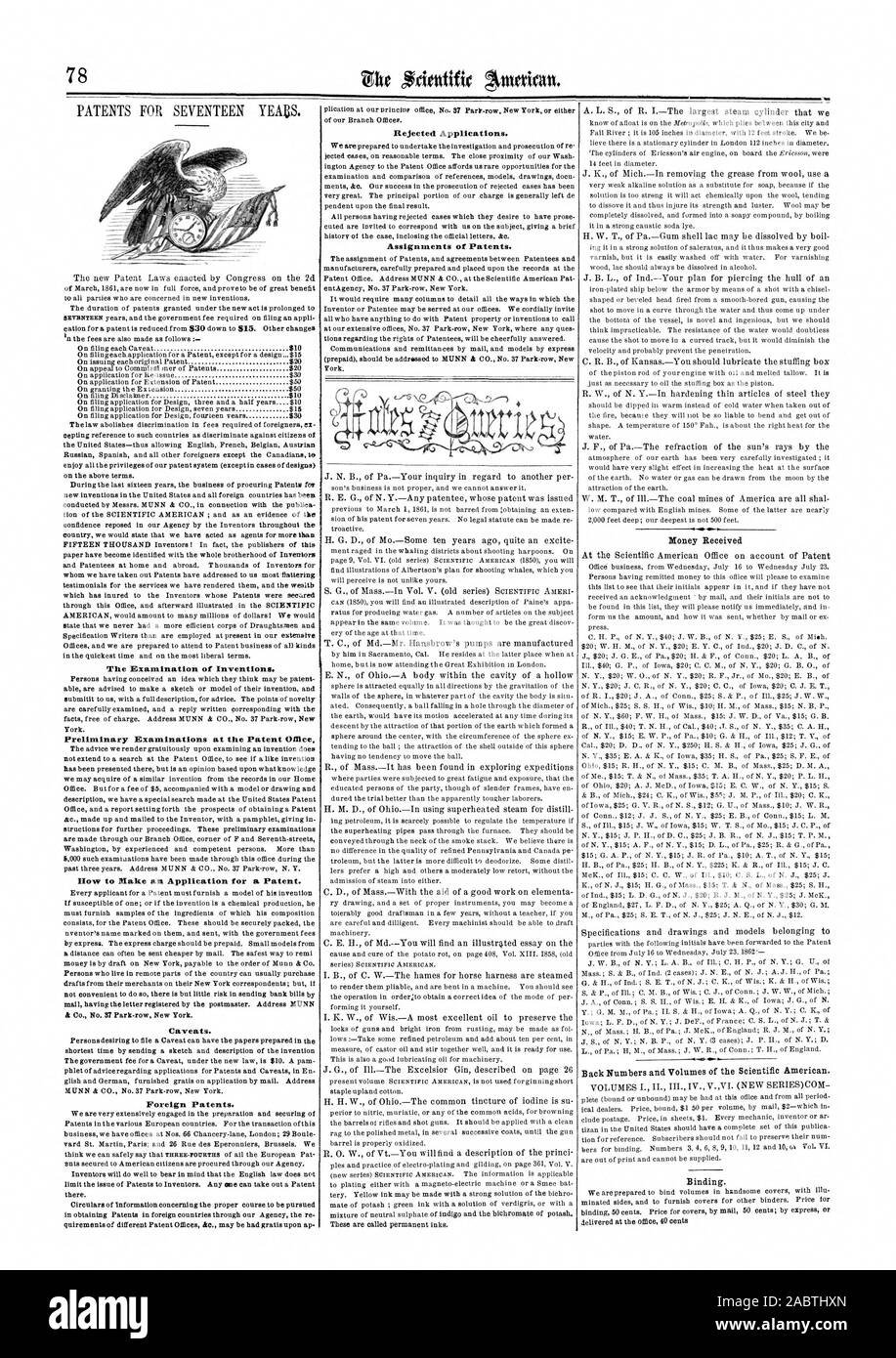 Die Prüfung von Erfindungen. Die Voruntersuchungen im Patentamt, wie Sie eine Anmeldung für ein Patent. Ausländische Patente. Zuweisungen von Patenten., Scientific American, 1862-08-02 Stockfoto