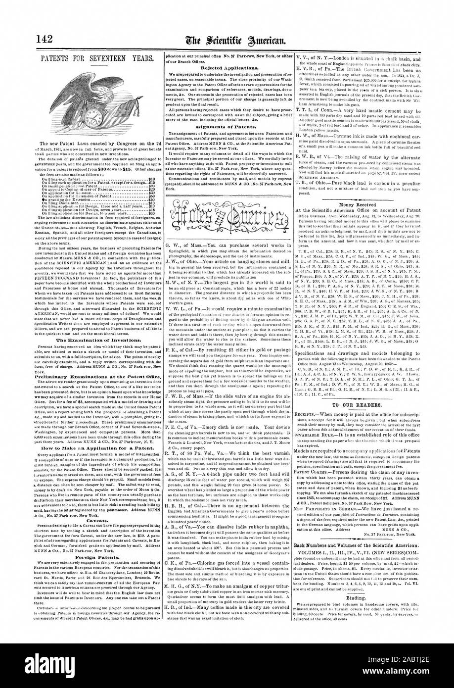 142 Die Prüfung von Erfindungen. Die Voruntersuchungen im Patentamt flow eine Anmeldung für ein Patent zu machen. Ausländische Patente. Abgelehnte Anträge. ssignments von Patenten., Scientific American, 1862-08-30 Stockfoto