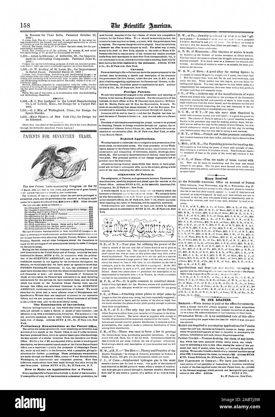 Prüfung von Erfindungen. Die Voruntersuchungen im Patentamt, wie Sie eine Anmeldung für ein Patent. Ausländische Patente. Abgelehnte Anträge. ssignments von Patenten., Scientific American, 1862-09-06 Stockfoto