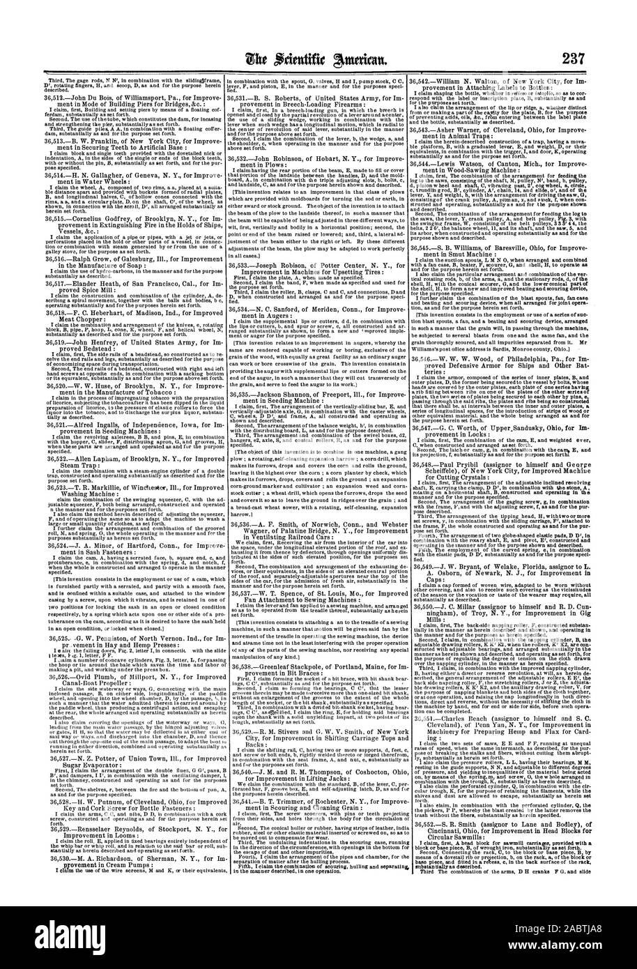 Anspruch zuerst ein Kopf Block für Sägewerk Wagen mit einem Block oder Base Stück zur Verfügung gestellt. B aus Schmiedeeisen im Wesentlichen wie dargelegt. 2. Anschließen des Rack C um den Block oder Base Stück B durch eine Rippe oder Projektion b am Rack ein des Bausteins oder Base Stück und in einem Reless c montiert in der Rückseite der Rack substanzielle potenziell wie beschrieben. Dritten die Kombination der Arme D H Kurbeln F G und Rutsche, Scientific American, 1862-10-11 Stockfoto