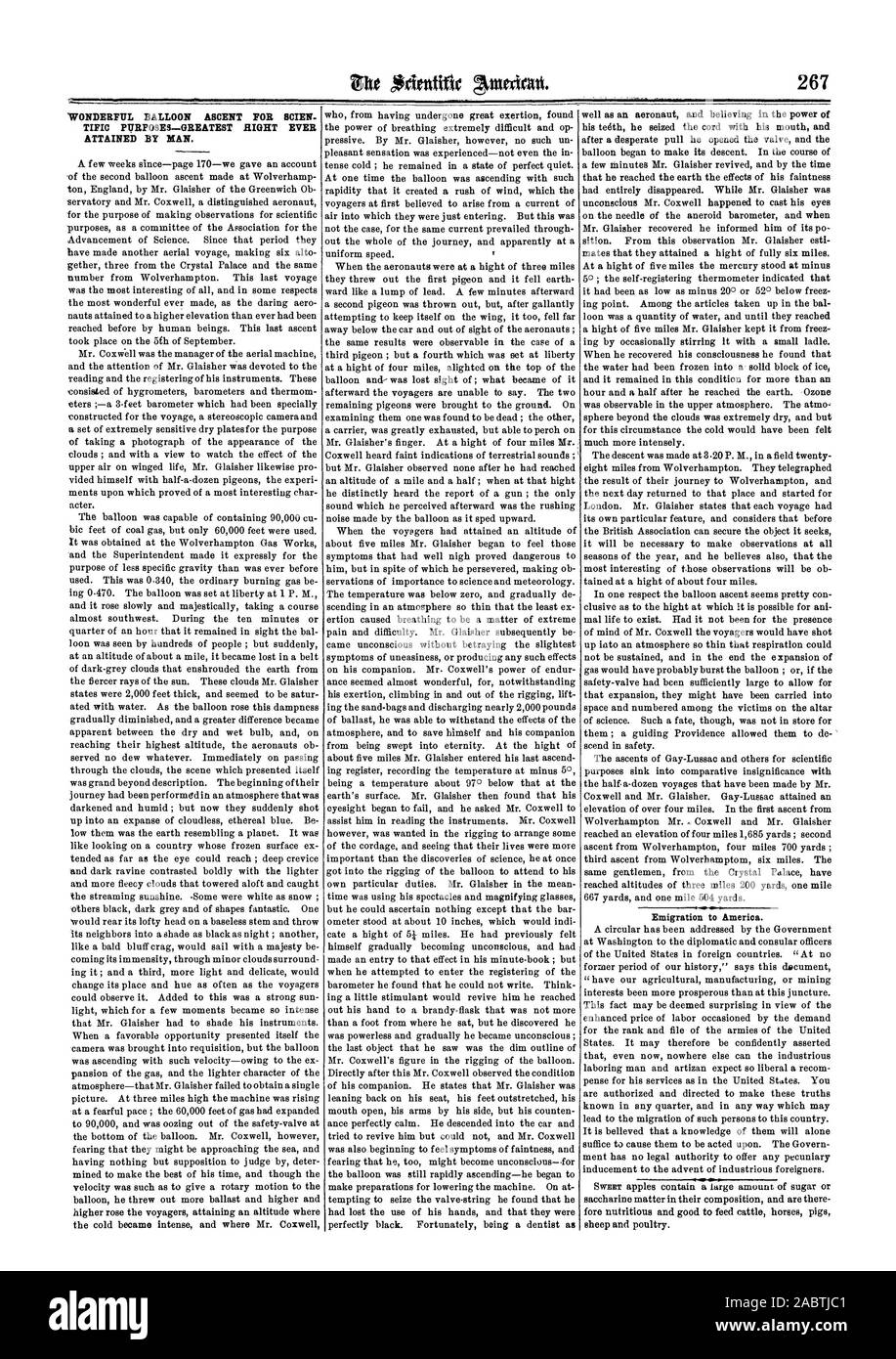 267 Auswanderung nach Amerika. Wunderschöne Ballon aufstieg für ÜBERWACHUNGSPERSONEN WISSENSCHAFTLICHE ZWECKE - größte RECHT JEMALS ERREICHT DURCH DEN MENSCHEN., Scientific American, 1862-10-25 Stockfoto