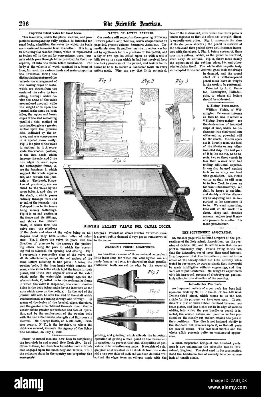 Betrieb der sich eine nette Sicht auf das Instrument in Frage; diese und den Verderb von Pen zu verhindern Messer diese Erfindung gemacht wurde. Es besteht aus einem Sin gle Stück Blech ausgeschnitten leer von der Mate rial; die beiden Seiten an jedem Ende sind dann um, so dass die Kanten bilden einen schrägen Winkel mit einem stählernen Hängebrücke von hundert Yards Span ist jetzt der wissenschaftlichen Test an Birk enhead England sich verdoppelt. Der Stahl in der Konstruktion verwendet, stand die stattlichen Test von 70 Tuns pro Quadratzoll Zugbelastung., Scientific American, 1862-11-08 Stockfoto