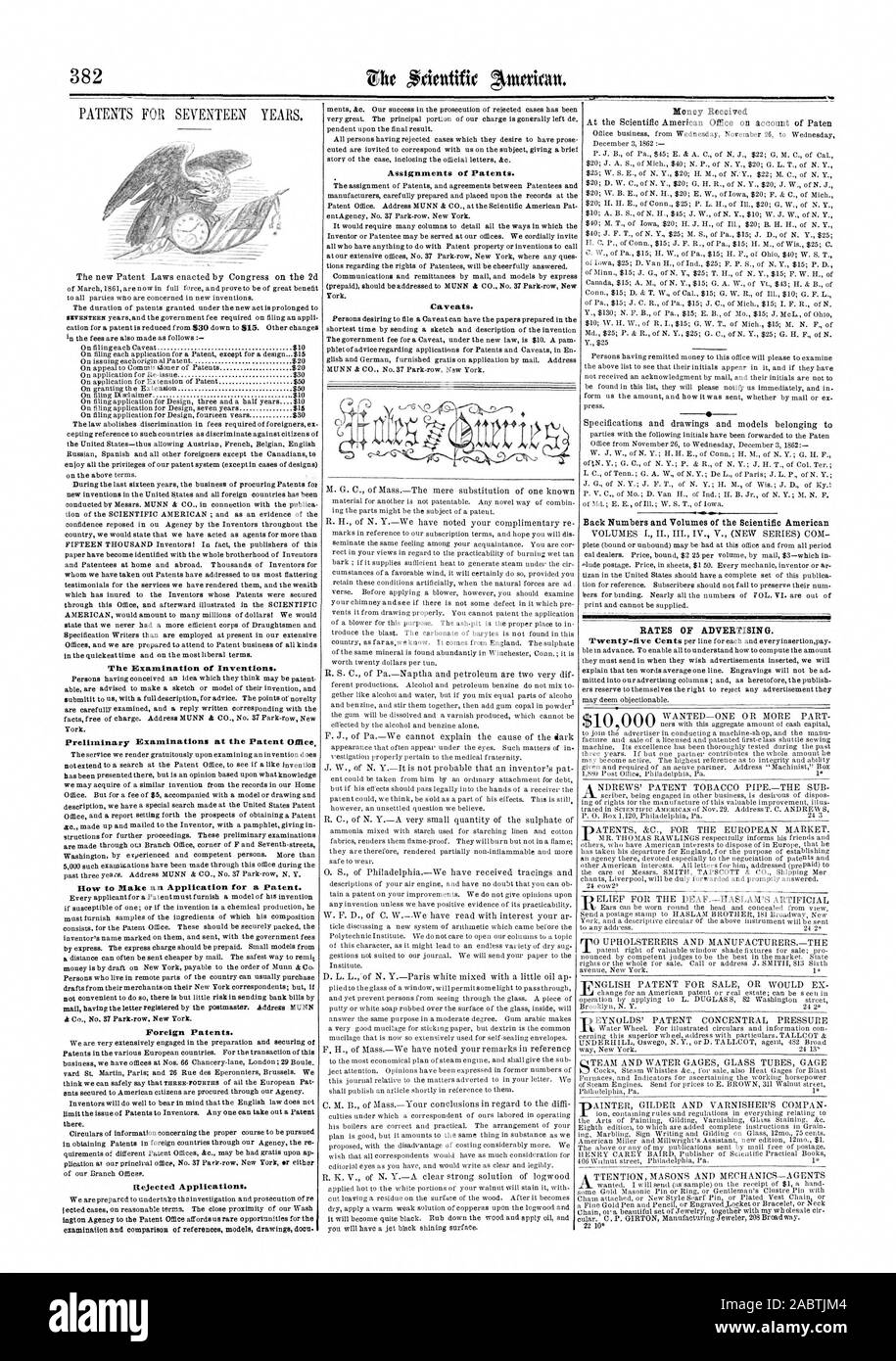 Zuweisungen von Patenten. Die Prüfung von Erfindungen. Einleitende Prüfungen des Patentamts. Wie Blake eine Anmeldung für ein Patent. Ausländische Patente. Abgelehnte Anträge. Zurück Zahlen und Mengen des Scientific American PREISE VON ADVERTISIN G., 1862-12-13 Stockfoto