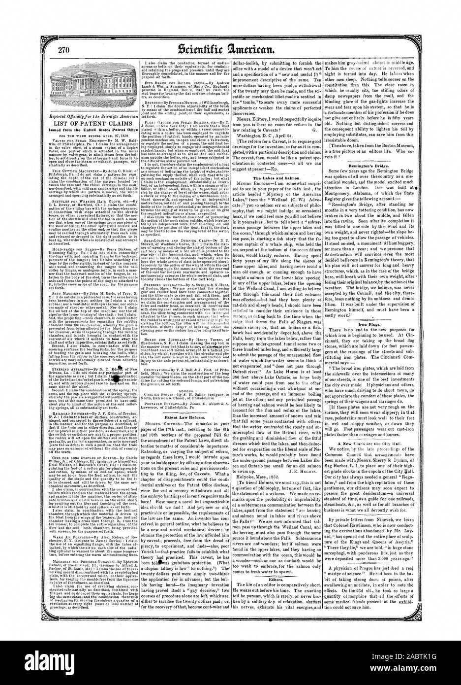 Wissenschaftliche Amerikaner Aus Den Vereinigten Staaten Patentamt  Patentrecht Reform Ausgestellt. Die Seen Und Lachs. Editoren. Die Remington  Brücke. Bügeleisen Fahnen. Eine Neue Uhr Für Die Stadt Halle., 1852-05-08  Stockfotografie - Alamy