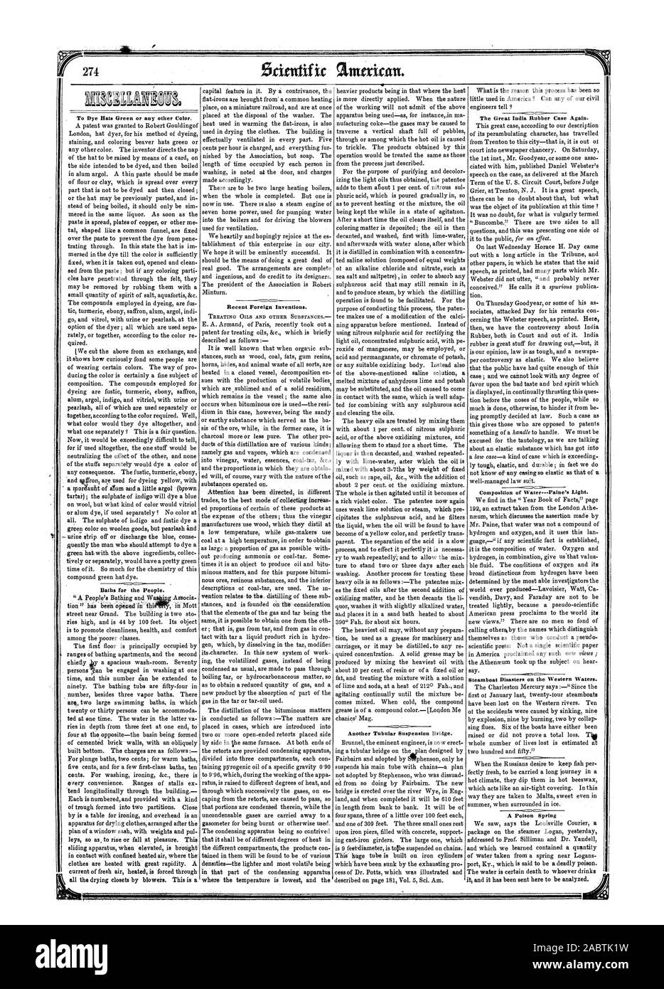 Ein zu färben Hüte Grün oder jeder anderen Farbe. Great India Rubber Case wieder. Den letzten ausländischen Erfindungen. Bäder für die Menschen. Ein weiterer Tubular Suspension Bridge. Ein Gift Frühling, Scientific American, 1852-05-15 Stockfoto