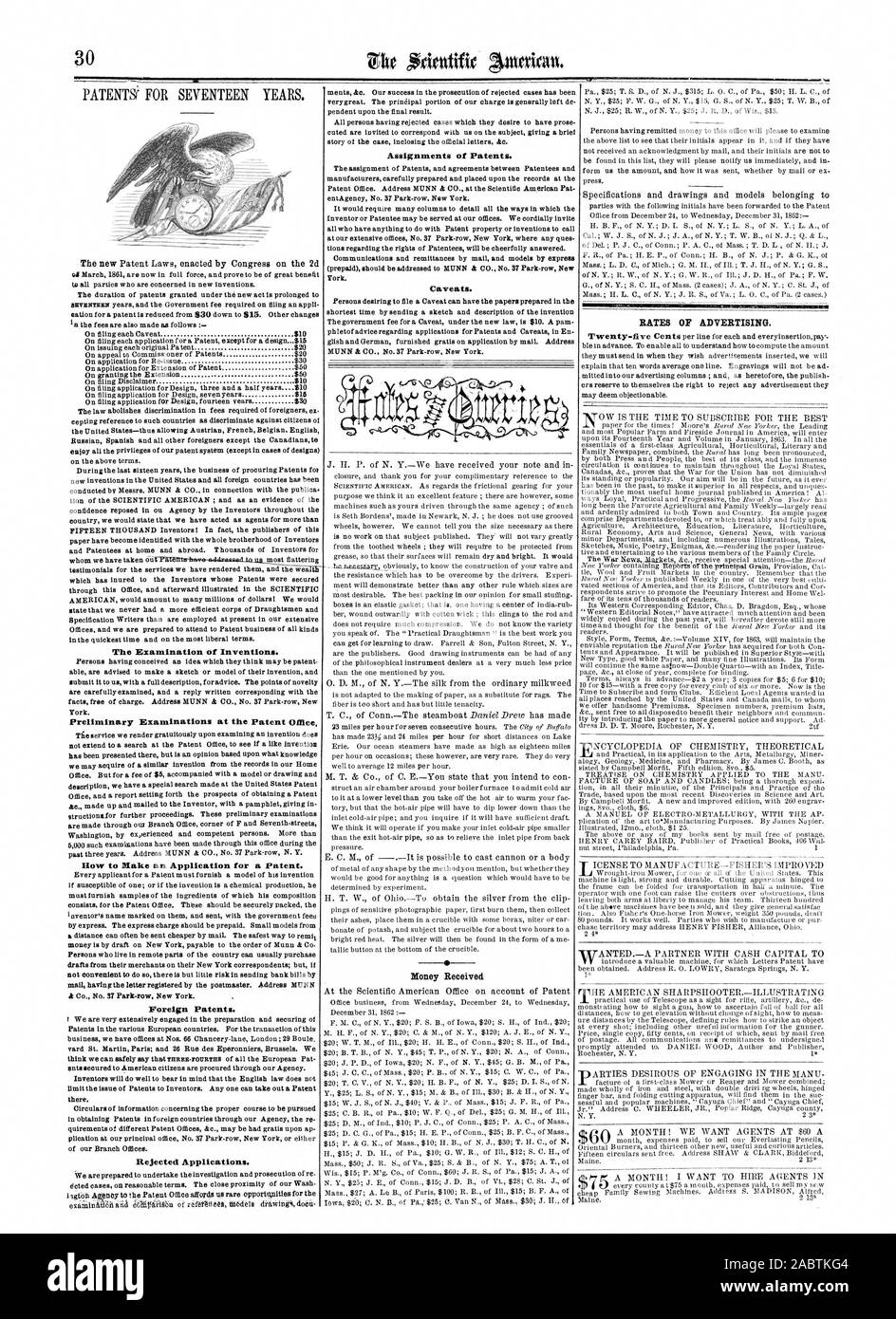 Die Prüfung von Erfindungen. Einleitende Prüfungen des Patentamts. Wie Sie eine Anmeldung für ein Patent. Ausländische Patente. Abgelehnte Anträge. Zuweisungen von Patenten. Vorbehalte. Geld erhielt PREISE DER WERBUNG., Scientific American, 1863-01-10 Stockfoto