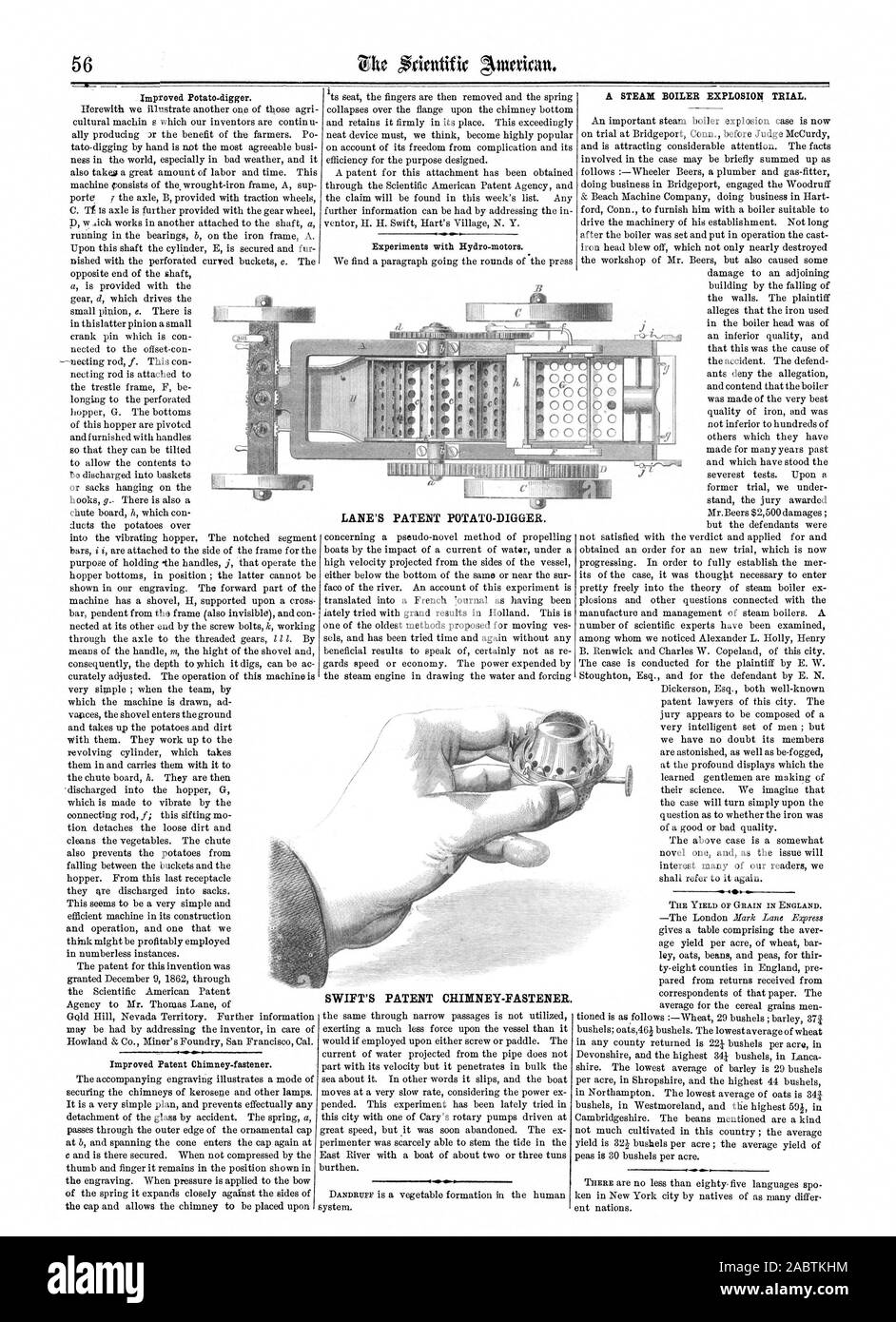Die Spur der PATENT KARTOFFEL - DIGGER. Von SWIFT PATENT CRINNEY - Reißverschluss. Ein Dampfkessel EXPLOSION VERSUCH. Der Ertrag AN GETREIDE IN ENGLAND., Scientific American, 1863-01-24 Stockfoto