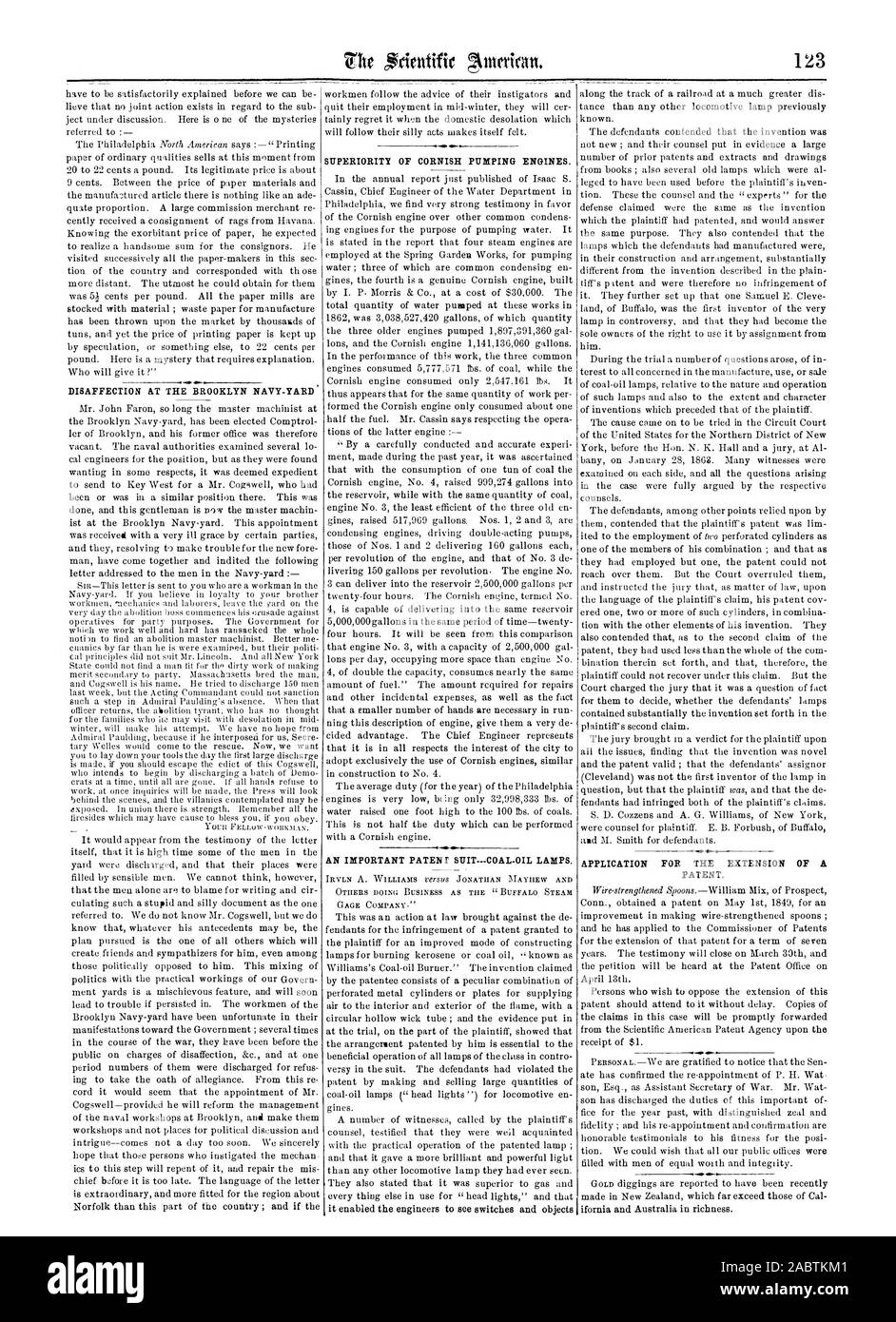 Unzufriedenheit IM BROOKLYN NAVY YARD ÜBERLEGENHEIT DES KORNISCHEN PUMPMASCHINEN. Ein wichtiges PATENT SUIT - Kohle - ÖLLAMPEN. Antrag auf Verlängerung EINES PATENTS., Scientific American, 1863-02-21 Stockfoto
