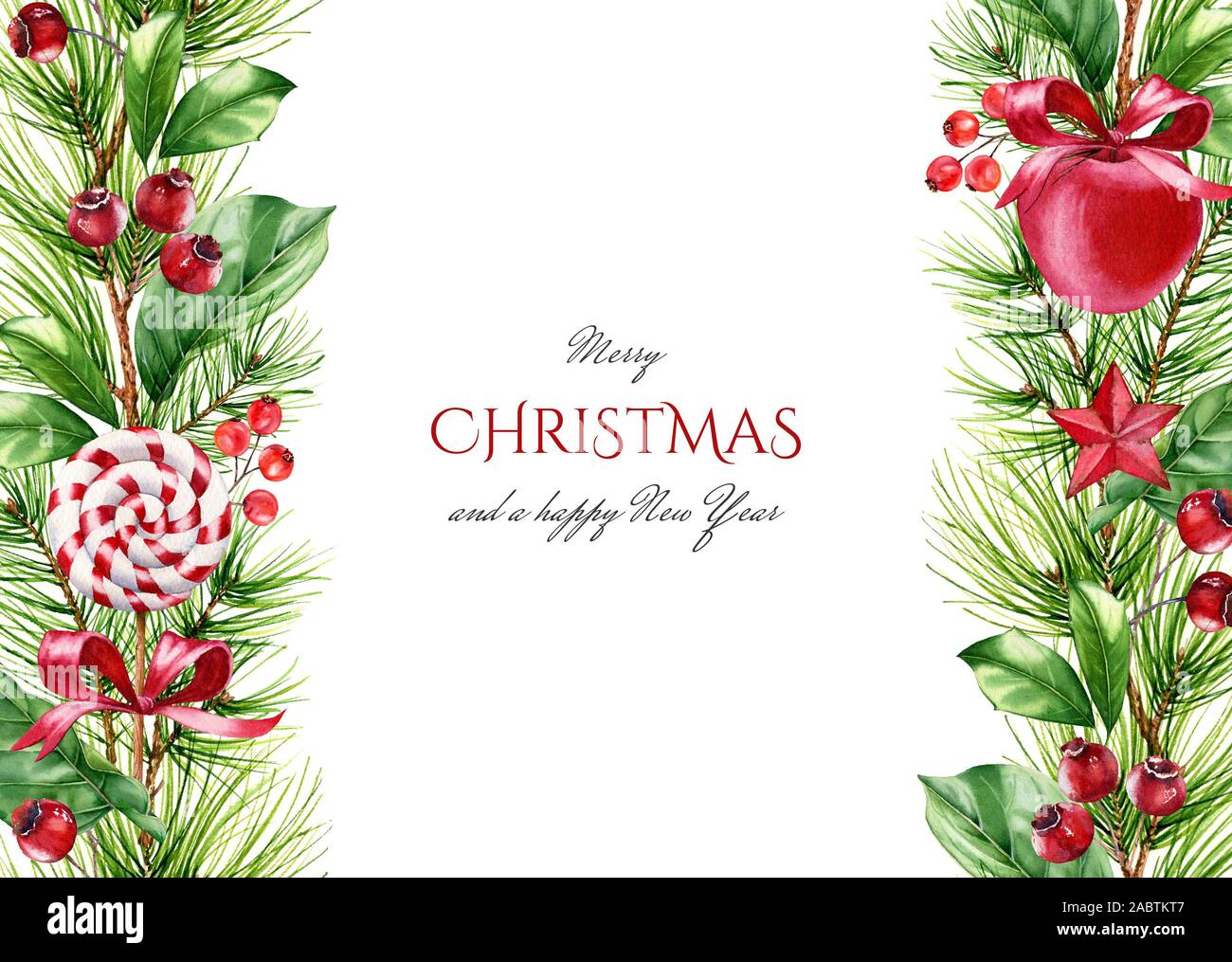 Aquarell Weihnachten Hintergrund mit Tannenzweigen, rote Beeren, Bonbons und Platz für Text. Von Hand bemalt Seite Grenzen für den Winterurlaub Karten Stockfoto