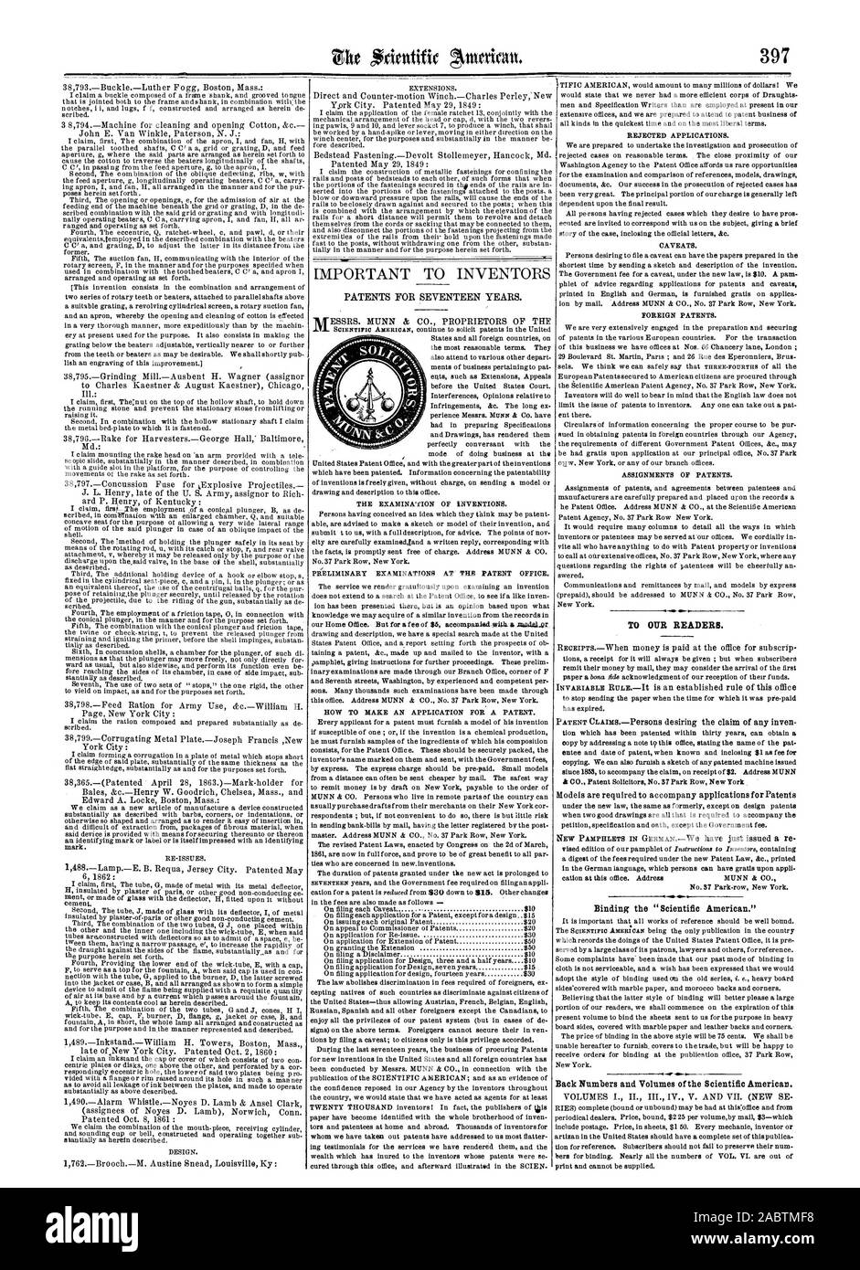 17 Jahre. Für unsere Leser. Die Bindung des "Scientific American".-4ID zurück Zahlen und Mengen des Scientific American. Patente für, 1863-06-20 Stockfoto