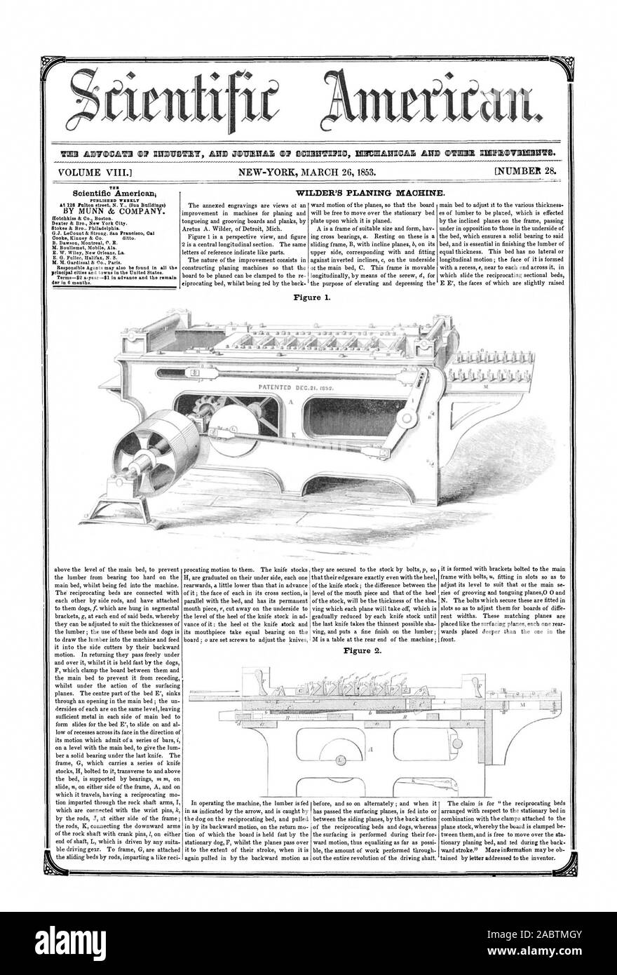 NEW YORK, 26. MÄRZ 1853. [Nummer 28. Wilders hobeln DiCA. CHINE. Veröffentlicht wöchentlich auf 128 Fulton Street N.Y. (Sun Gebäude) von MUNN & Company. Hotchkiss & Co Boston. Dexter & Bro. New York City. Stokes & Bro Philadelphia. G.J. LeCount & stark. San francisc Cal Cooke Kinney & Co. dito. B. Dawson Montreal C.E.M. Boullemet Mobile Ala R. W. Wiley, New Orleans, La. E. G. Fuller Halifax N. S. U. H. Gardissal & Co Paris. Die Vertreter können auch in alle wichtigen Städte und Gemeinden in den Vereinigten Staaten gefunden werden. Agb - 2 $ ayear-81 im voraus, und die bleiben, der in 13 Monaten. Abbildung 1. Abbildung Stockfoto