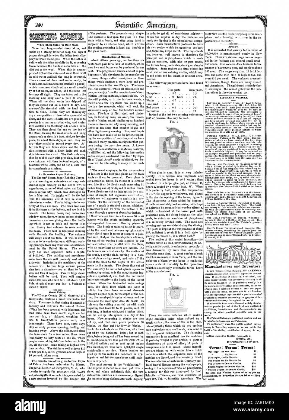 Weiße Schafe Skins für Türmatten. Eine umfangreiche Zuckerraffinerie. großen Fischen. Herstellung von übereinstimmt. Schmuck. Literarische Hinweise. Hersteller und. Erfinder. 128 Fulton Street New York. Begriffe! Begriffe! Begriffe! $ l $ 8 $ 22 $ 28, Scientific American, 1853-04-09 Stockfoto