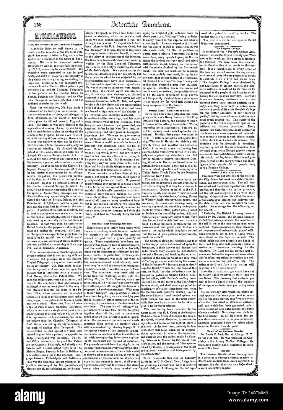 Berdan's Gold Brech Maschine. Die People's College. Todesfälle in der Stadt Gefängnis. Tod eines bedeutenden Chemiker. Bain. der Erfinder des Chemischen Telegraph, Scientific American, 1853-04-30 Stockfoto
