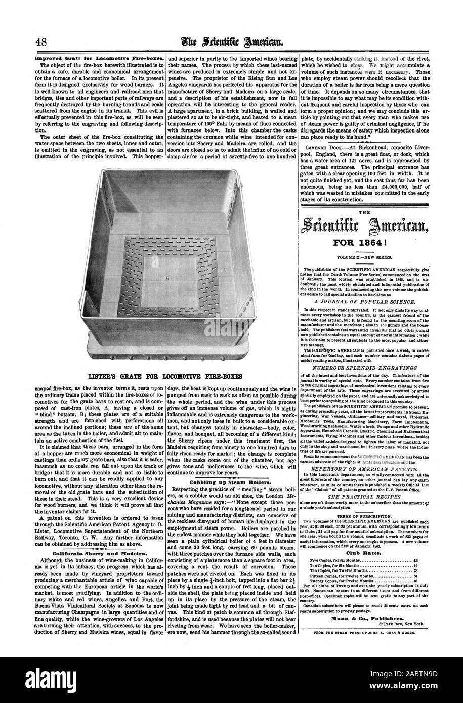 Verbesserte Rost für Lokomotive Feuer-Boxen. Kalifornien Sherry und Madeira. Schustern bis Dampfkessel. Für 1864! Club Preise. Munn Dc Co Verlage., Scientific American, 1864-01-16 Stockfoto