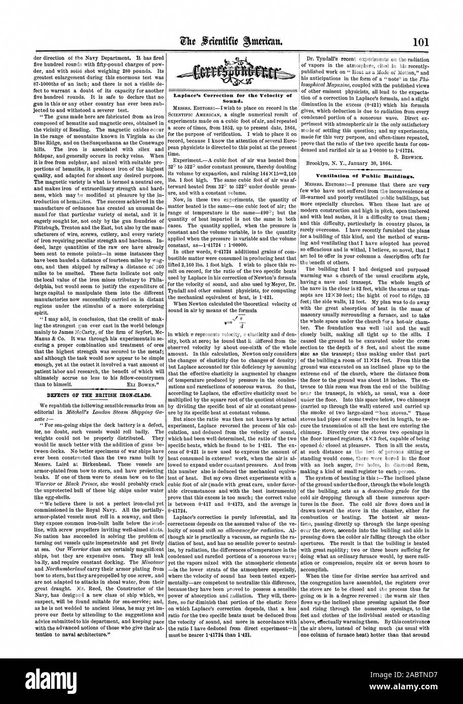 Der Laplace-Korrektur für die Geschwindigkeit des Schalls. Be- und Entlüftung von öffentlichen Gebäuden, Scientific American, 1864-02-13 Stockfoto