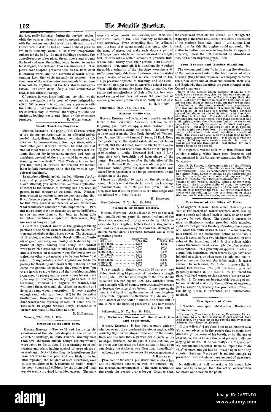 Kleine Zugmaschinen. Vorsorge gegen Feuer. Lachgas Gas. Stärke der Dampfkessel. Die relative Bewegungen der Kurbelzapfen und Cross-Kopf. Bügeleisen Frames und Holz Beplankung. Behandlung der Stachel der Bienen. Neues System der Heilung., Scientific American, 1864-02-13 Stockfoto