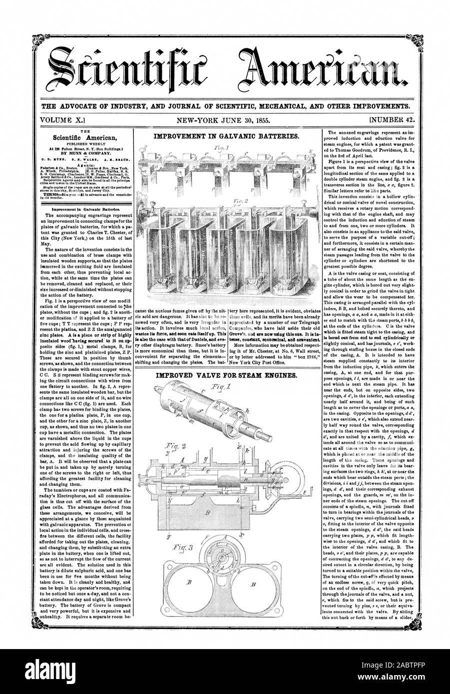 Der ANWALT DER INDUSTRIE UND JOURNAL FÜR MECHANISCHE UND ANDERE VERBESSERUNGEN. Band X.1 NEW-YORK 30. JUNI 1855. Verbesserung der galvanischen Batterien. T ER VERÖFFENTLICHT wöchentlich auf 128 Fulton Street. New York (Sun Gebäude.) DURCH MUNN eft Unternehmen. A. Winde Philadelphia. Z. B. Fuller Halifax N. S. In Az Monate. Verbesserung der galvanischen Batterien. Die begleitenden Gravuren stellen eine Verbesserung im Anschluss Klemmen für die Platten von galvanischen Batterien, für die ein Pa-Zelt zu Charles T. Chester dieser Stadt (New York) am 15. Mai letzten Jahres erteilt wurde. Das Wesen der Erfindung besteht in der Stockfoto