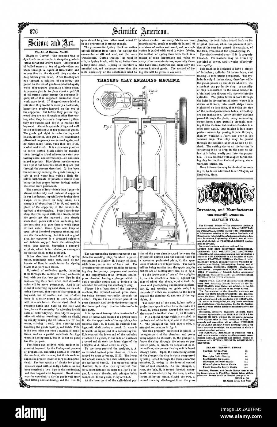 Dollar jährlich Neben bieten Ihnen eine con tinual Quelle des Wissens der Erfahrung, die über finanzielle Schätzung. Der Scientific American ist einmal pro Woche veröffentlicht; jede Zahl enthält acht große quarto Seiten. Jährlich eine umfassende und prächtigen Band. Il lustrated mit mehreren Hundert ORIGINAL EN. Einzugraben. Allgemeine Geschäftsbedingungen AGB THAYER'S CLAY KNETMASCHINE. Eine Kopie für ein Jahr $ 2 Sechs Monate $ 1 fünf Abschriften für sechs Monate bis zehn Kopien f oder sechs Monaten zehn Kopien für zwölf Monate 15 Kopien für zwölf Monate 22 $ 20 Exemplare für zwölf Monate 28 $ MUNN & CO, 1855-08 - Stockfoto