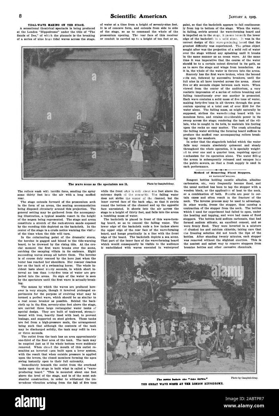 Gezeiten- Welle, auf der Bühne. Die wave Szene als Methode zur Entfernung von festen Stopfen. Die GROSSE WELLE PLANIERSCHILD BEI T83 LONDON HIPPODROM, Scientific American, -1909-01-02 Stockfoto
