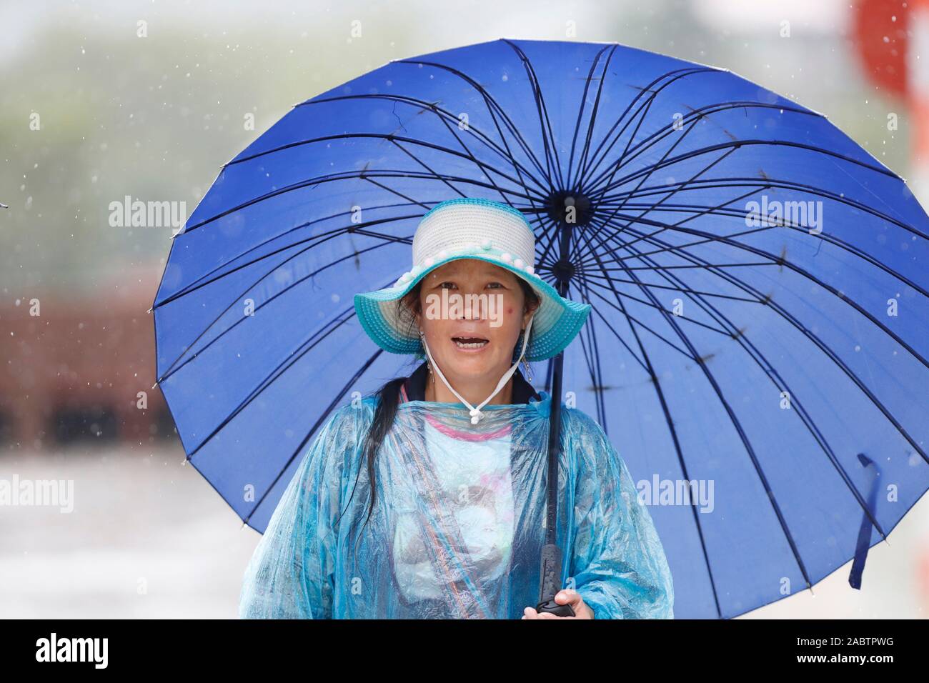 Monsun oder Regenzeit. Frau mit blauem Dach. Sapa. Vietnam. Stockfoto