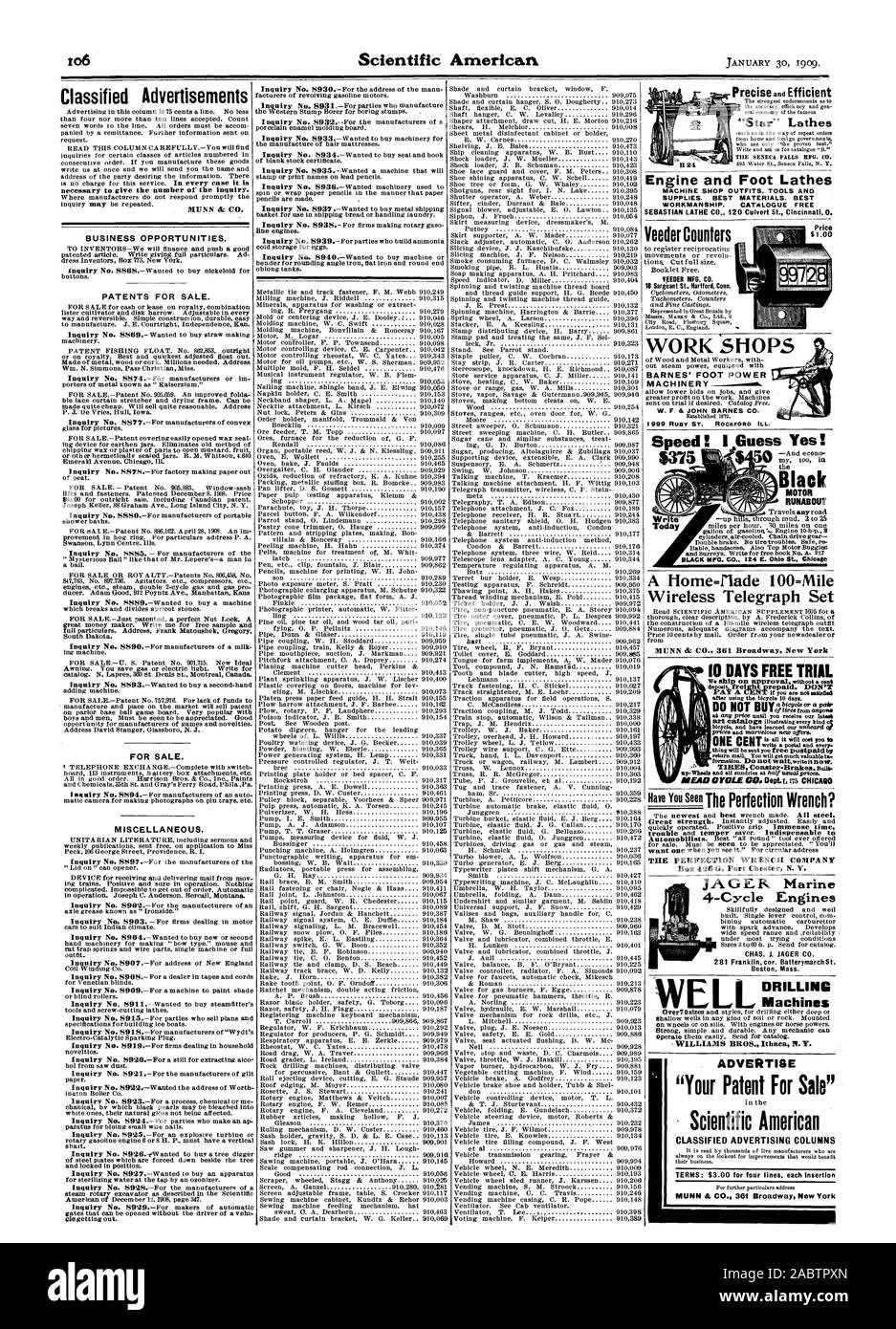 RUNABOUT SCHWARZ MFG. CO 124 E. Ohio St Kilometerstand ein Haus - rlade 100 Meile Wireless Telegraph die Perfektion SCHRAUBENSCHLÜSSEL COIVIPANY Geschwindigkeit! Ich denke ja! 5375 Der MUNN & Co 361 Broadway New York '10 Tage kostenlose Testversion 4-Takt Motoren CHAS. J. JAGER CO 281 Franklin adr. Batterymarch St. Boston Mass Bohrmaschinen werben' Ihr Patent für Verkauf ' Scientific American CLASSIFIED ADVERTISING SPALTEN BEGRIFFE: $ 3,00 für vier Zeilen einfügen die präzise und effiziente 'Star'-Drehmaschinen Veeder Zähler VEEDER MFG. Co.WERKSTÄTTEN BARNES' FUSS POW ER MASCHINEN, -1909-01-30 Stockfoto