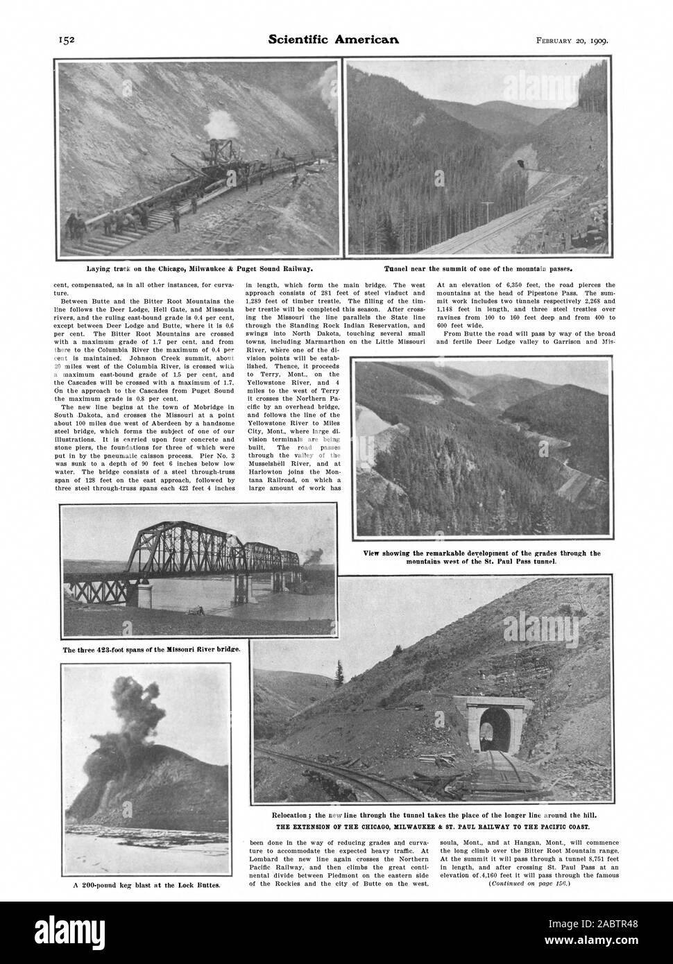 Festlegung der Track auf der Chicag Milwaukee & Puget Sound. Tunnel in der Nähe der Gipfel eines der Pässe. Berge westlich der St. Paul Pass Tunnel. Die VERLÄNGERUNG DER CHICAG MILWAUKEE & ST. PAUL BAHN an der pazifischen Küste., Scientific American, -1909-02-20 Stockfoto