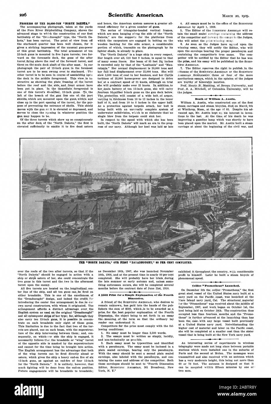 Fortschritt DER 20000-TONNE" NORTH DAKOTA." Tod von William A. Austin. Die "NORTH DAKOTA '01 JR ERSTE 'DREADNOUGHT' SO PROZENT ABGESCHLOSSEN. 'Ich! II PP AFAO PAY SlariltAirtiffitak 1.0 IN "Dimension., Scientific American, -1909-03-20 Stockfoto