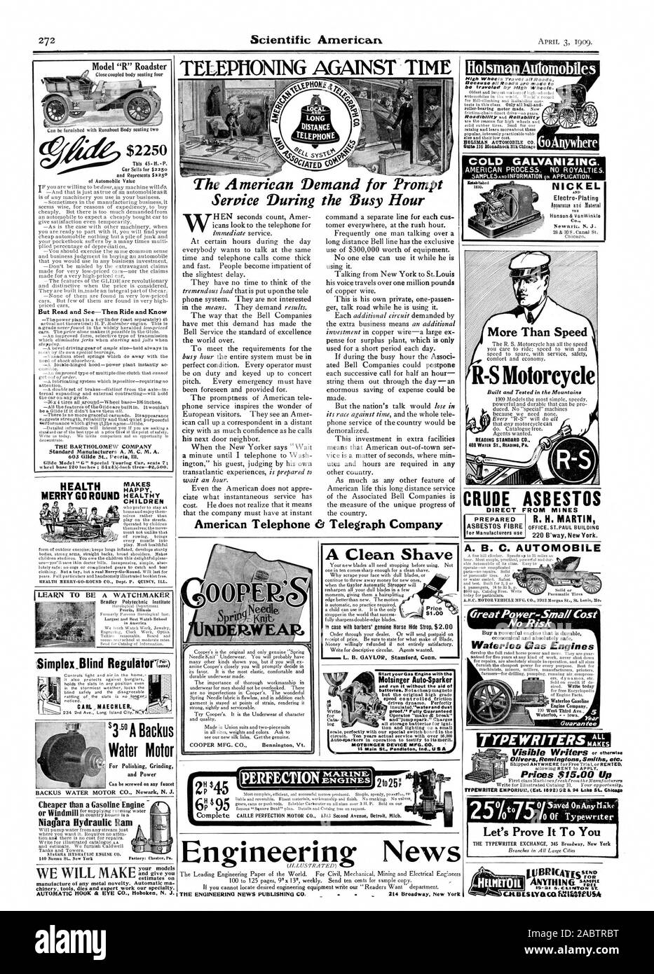 Da alle Straßen sind aus t durch hohen Rädern zurückgelegt werden. Kalt verzinken. NICKEL Galvanik R-S Motorrad ROHÖL ASBEST Waterloo Gasmotoren SCHREIBMASCHINEN MS° Lebern RemingtonsSmiths eta. PAFG PAOTSINGER GERÄT. Co.' BR ICATESV. 7.7 ALLES MINI-Modell "R" Roadster $ 2250 aber Lesen und Sehen - dann fahren und Wissen A. B. C. AUTOMOBIL Wir beweisen es Ihnen Scientific American TELEFONIEREN GEGEN DIE ZEIT amerikanische Telefon 0 Telegraph Company Starten Sie ihr Gas Motor mit und führen Sie es ohne die Hilfe ihrer Modelle Engineering News gebaut und in den Bergen 272, -1909-04-03 getestet Stockfoto