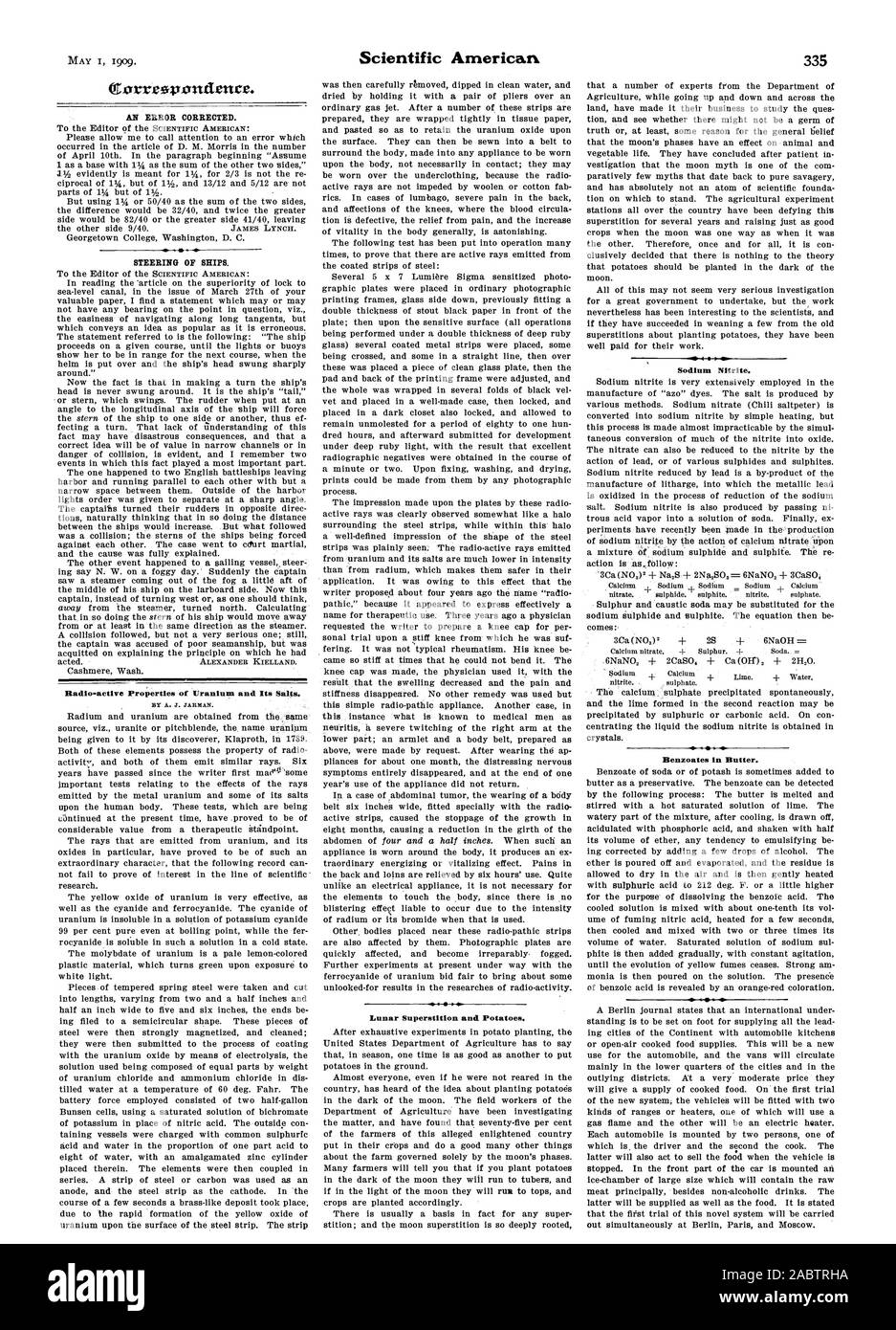 Otorreopondence. Ein FEHLER KORRIGIERT. Die Lenkung der Schiffe. Radio-aktiven Eigenschaften von Uran und seine Salze Lunar Aberglaube und Kartoffeln. Natriumnitrit. Benzoate in Butter., Scientific American, -1909-05-01 Stockfoto