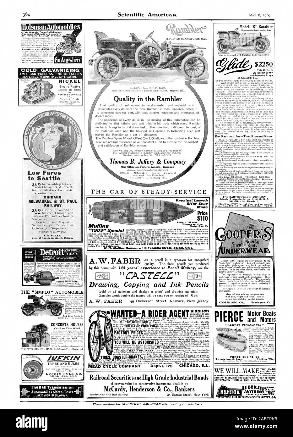 Kalt verzinken. "Fl + BETON HÄUSER LVFKIN REGEL CO Saginaw Michigan US A. filgh Räder Reisen alle Straßen, weil alle Straßen sind von hohen Rädern unterwegs zu sein. HolmanAutomobiles günstige Flugpreise nach Seattle CHICAG BAHN L F. A. MILLER Allgemeine Passagier Chicag NICKEL Modell "R" Roadster $ 2250 Aber reagieren und Sehen - dann Rine und Wissen Standard Hersteller A. M. C. M. A.603 Gleiten St. Peoria Illinois Qualität in der Rambler III JEDE STADT Hauptsitz und Werk Kenosha Wisconsin Zeichnung Kopieren und Tinte Bleistifte A.-W. FABER, DAS AUTO VON STETIGEN SERVICE 44909 PY Angebot, das je gemacht Preis $ 0 Motor 3 N. P Stockfoto