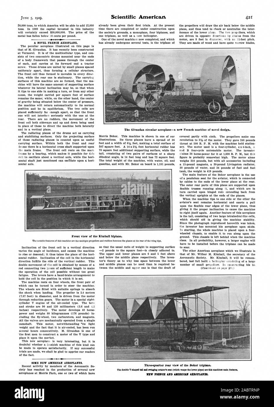 S. Vorderansicht des Kimball Doppeldecker. Drei Viertel Rückansicht des Bokor Dreidecker. Neue PUNCH UND AZIRICAN AZROPLANES., Scientific American, -1909-06-05 Stockfoto