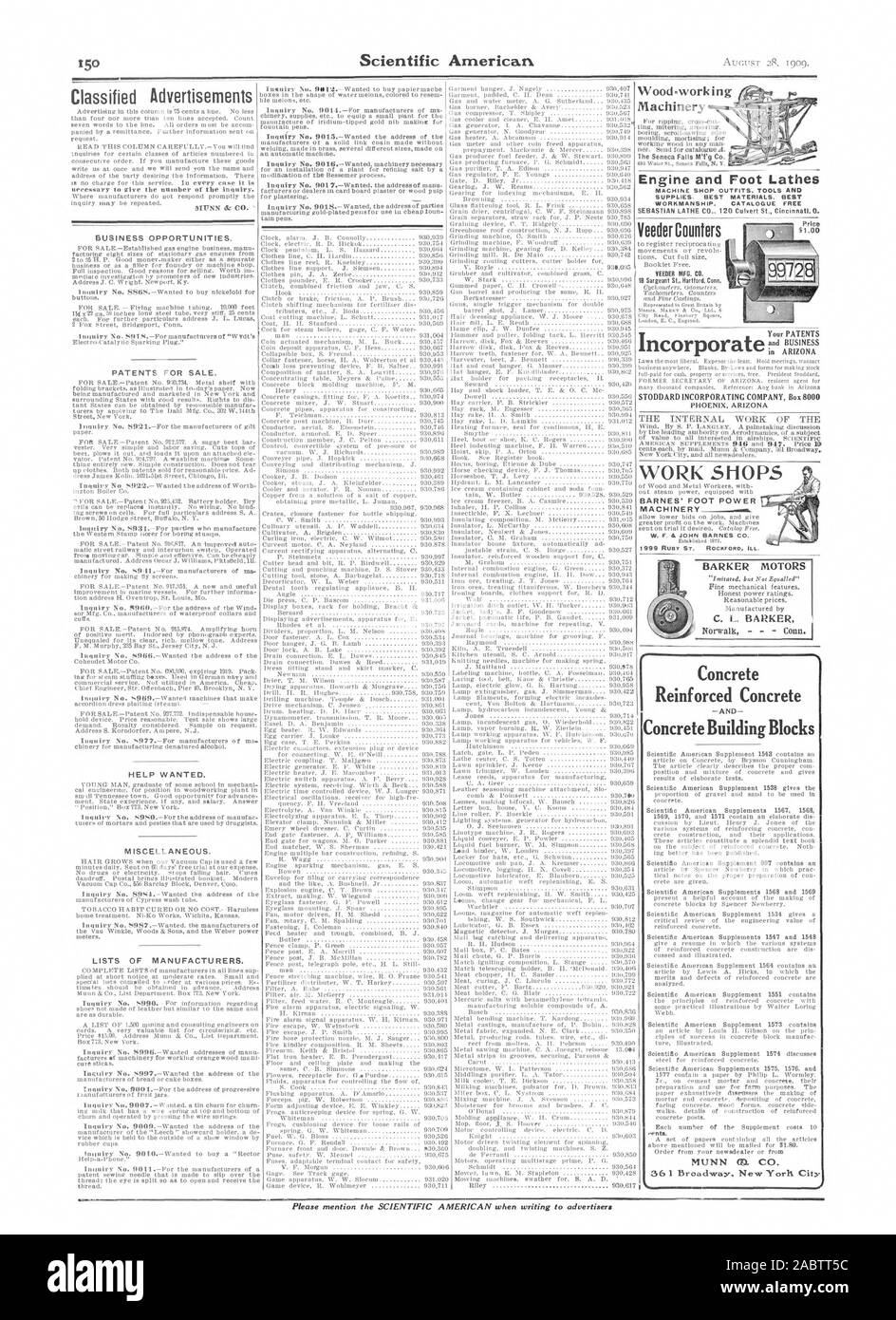 930617 Veeder Zähler VEEDER MFG. Co.18 Sergeant St. Hartford Anschl. STODDARD MIT UNTERNEHMEN, 8000 PHOENIX ARIZONA integrieren Barnes' FUSS MACHT MASCHINEN W. F. John Barnes & Co. durch die führende Autorität eine Aerudynauaios der Gegenstand der Wert für alle Interessierten in Luftschiffen. SclmrriFi c WERKSTÄTTEN Ihre PATENTE UND BUSINESS Betongebäude Blocksents. BARKER MOTOREN' imitiert. aber nicht gleich "vernünftigen Preisen. Von C.L. BARKER Beton Stahlbeton, Scientific American, -1909-08-28 hergestellt Stockfoto