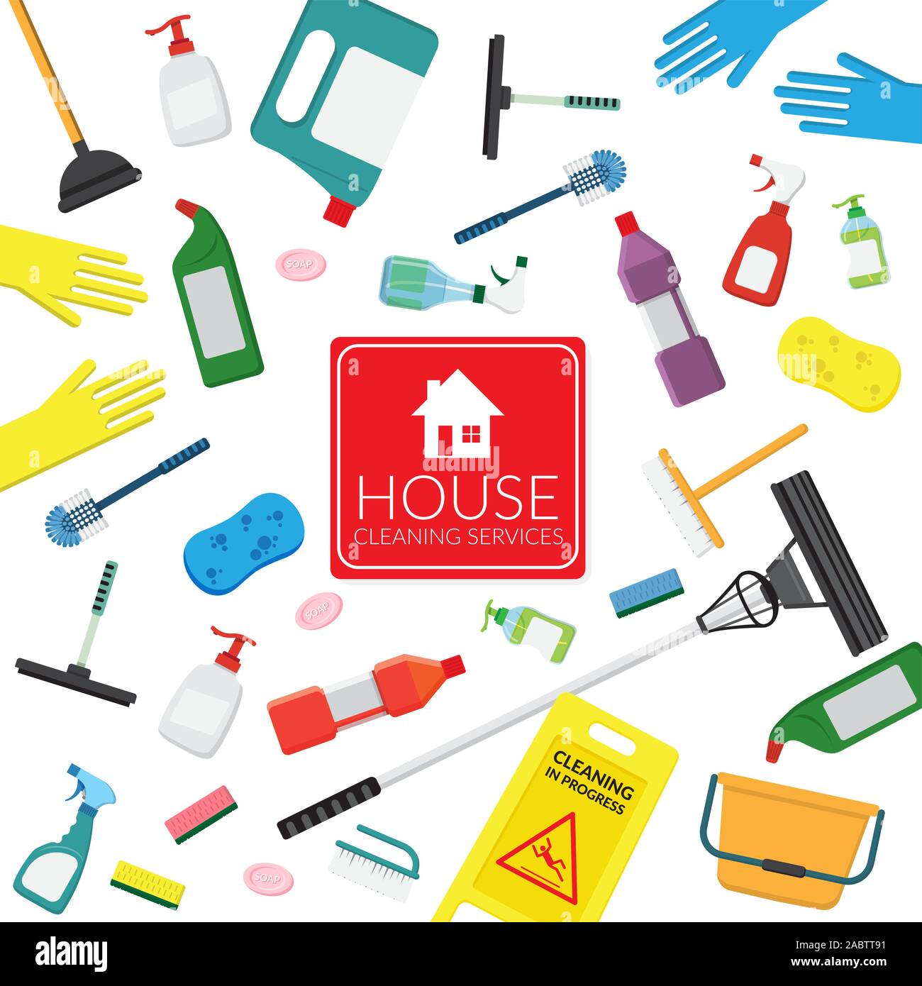 Vektor einrichten von Haushaltswaren Reinigungsmittel, Werkzeuge von Haus Reinigung auf weißem Hintergrund. Vorlage kopieren mit Platz für Text und Logo f Stock Vektor