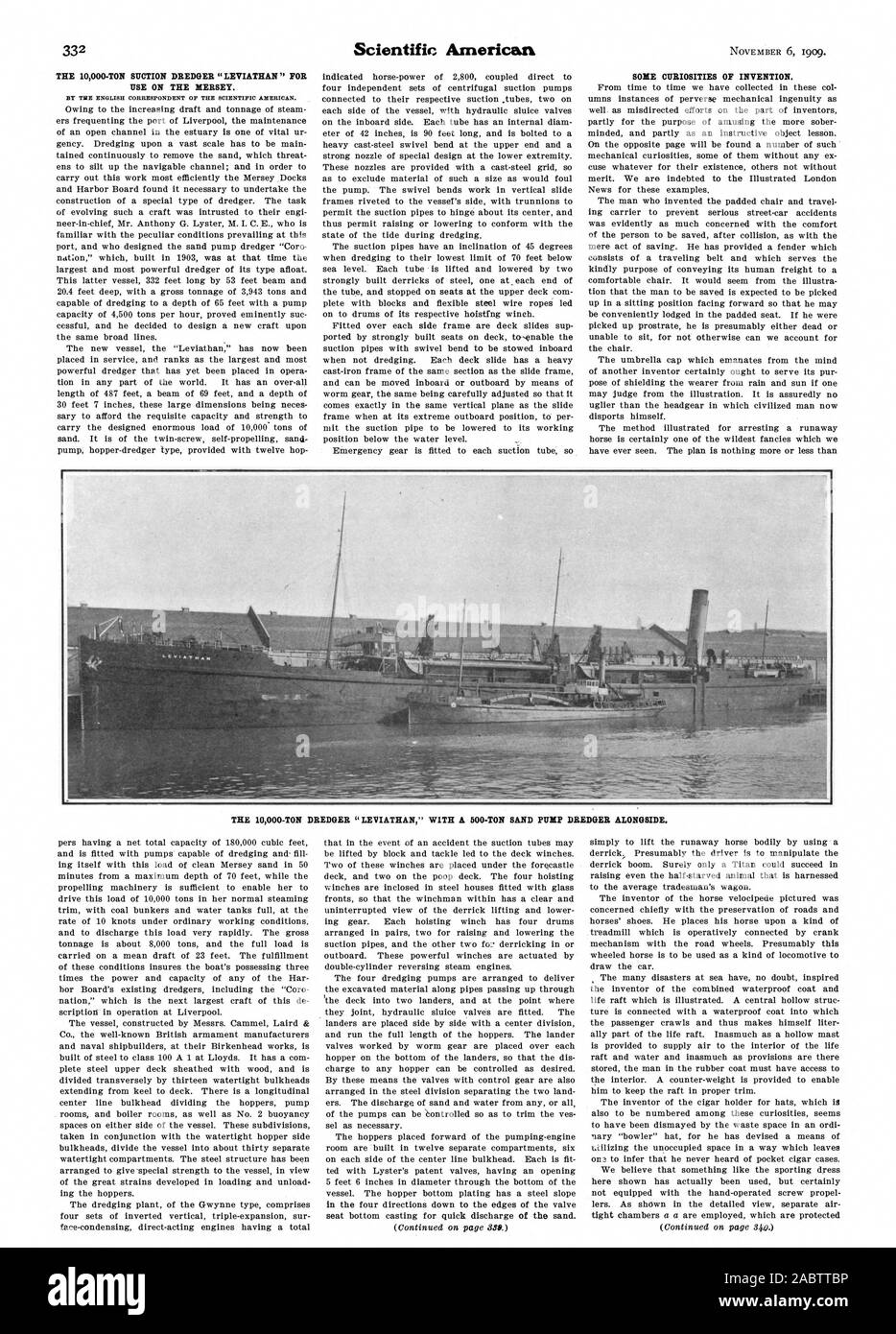 Die 10.000 Tonnen schwere SAUGBAGGER "Leviathan" FÜR DEN EINSATZ AUF DIE MERSEY. Durch die englische Korrespondent der Scientific American. Einige Kuriositäten der Erfindung. Die 10000-T BAGGERSCHIFF "Leviathan" MIT EINEM 500--1909-11 TONNE SAND PUMPE SCHWIMMBAGGER NEBEN.,-06 Stockfoto