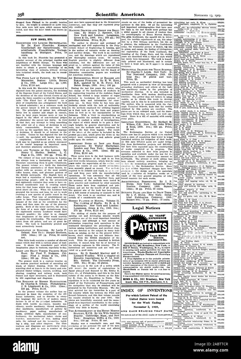 9398 konkrete Partition verstärkt G. M 60 JAHRE ERFAHRUNG PATENTE MARKEN DESIGN COPYRIGHT & C. Mitteilungen sind streng vertraulich. Unsere Anfrage. Zweigstelle 625 F St. Washington D.C., Scientific American, -1909-11-13 Stockfoto