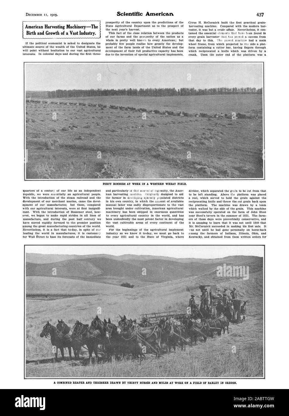 Eine kombinierte Mähbinder und dreschmaschine von 30 Pferde und Maultiere bei der Arbeit auf einem Feld von Gerste in Oregon gezogen. Scientific American, 1909-12-11 Stockfoto