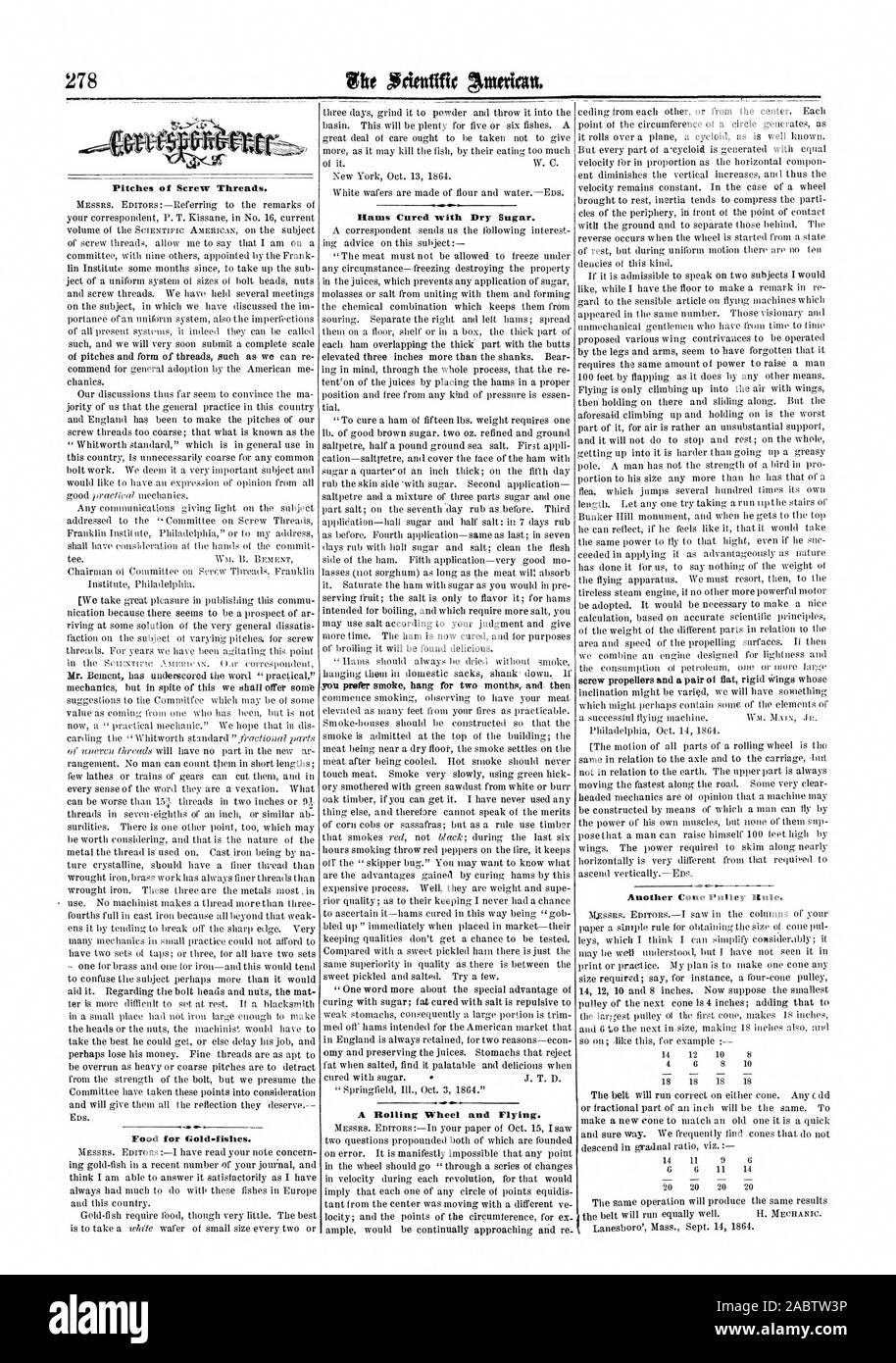 Plätze der Schraubengewinde. Essen für Gold - Fische. Schinken mit trockenen Zucker. Ein rollendes Rad und Fliegen. Einen anderen Riemenscheibe Regel., Scientific American, 64-10-29 Stockfoto