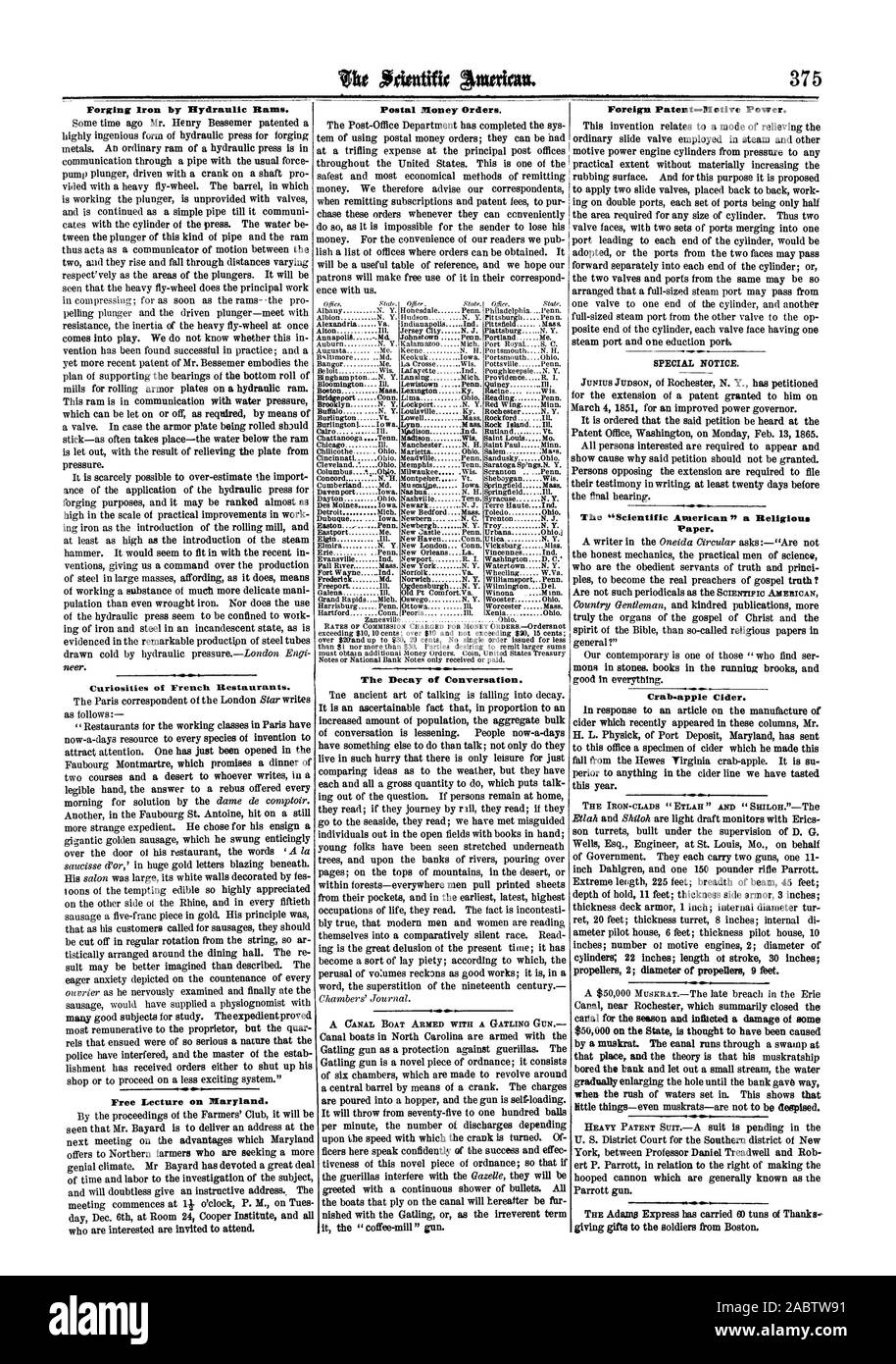 Vitt ffigitutific Wm. 375 Schmieden Eisen durch hydraulische Widder. Kuriositäten der Französischen nestaurants. Freier Vortrag auf Maryland. Postal Money Orders. Der Zerfall des Gespräches. Ausländische Patent - Motive Power. Besonderer Hinweis. Der "Scientific American" eine religiöse Papier. Krabbe - Apfelwein. Das Bügeleisen - CLADS" ETLAH" und "SILO.' - Die, 64-12-10 Stockfoto