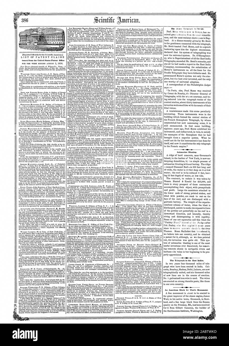 Von der United States Patent Office LEITLINIE FÄHREN oder fliegenden Brücken FÄRBUNG FOTOGRAFISCHE BILDER AUF GLAS - D. ausgestellt Heizung - Wasser Apparate für die STEAM kombiniert DAMPF UND HEISSLUFT HERD SICHERN ARTEN AM ROTIERENDEN BETTEN - Hichard M. DESIGNS. Die Morse Fernschreiber in Europa. U-Boot Strahlen. 1. Der Telegraph in Ostindien. Eine amerikanische Block für's Watt Denkmal., Scientific American, 56-08-16 Stockfoto
