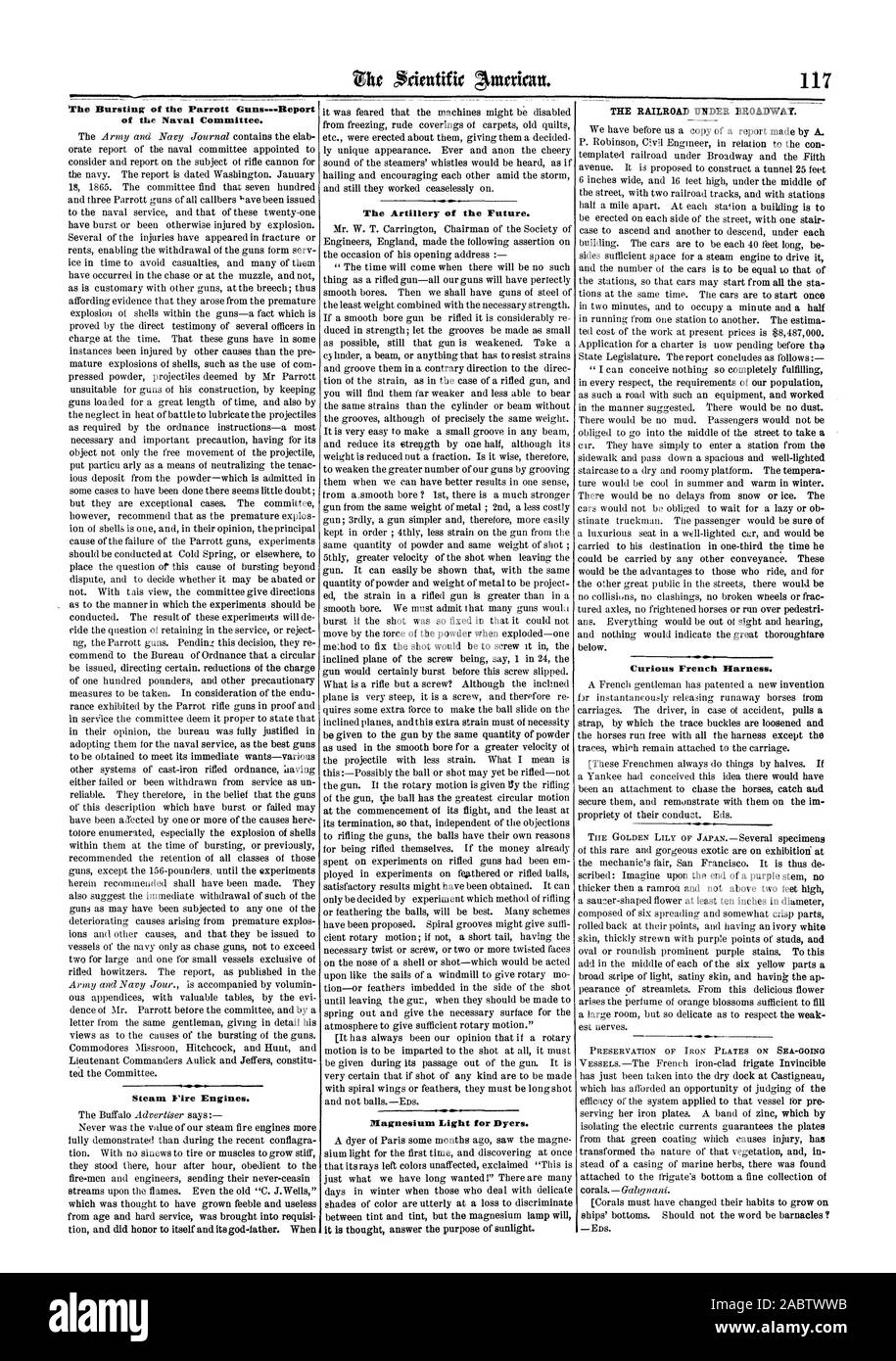 Die Artillerie der Zukunft. Magnesium Licht für Färbereien. Neugierig französische Kabelbaum. Konservierung VON EISEN PLATTEN AUF SEE der Naval Ausschuss. Dampf Feuerwehrfahrzeuge., Scientific American, 1865-02-18 Stockfoto