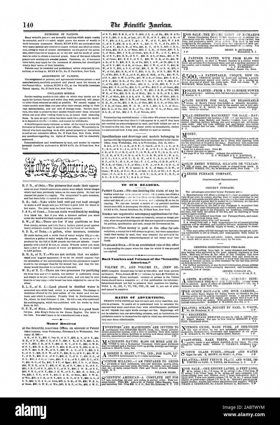 140 Roney zu unseren Lesern. Zurück Zahlen und Mengen des "Scientific American." PREISE DER WERBUNG., 1865-02-25 Stockfoto