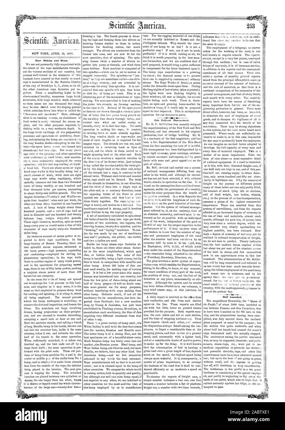 NEW YORK, 18. April 1857. Wir sind nicht persönlich voll mit dem Ausmaß der Seil herstellen durch Geschäfts vertraut haben uns versichert, dass fast so viel von der Stadt von Brooklyn L.I. allein als in allen anderen amerikanischen Seil Fabriken zu oben genannten Ort zahlreiche große gemauerte Strukturen mit großen hölzernen Schuppen (einige tausend Fuß lang) "Newtown Salzwiesen." Hier gibt es zwar keine bachlauf eine Fülle von gines und andere Zwecke durch sinkende Brunnen zu einem sehr moderaten Tiefe erforderlich ist. In der langen hölzernen Schuppen - außer in einem fac hand Seil Spaziergänge in Stockfoto